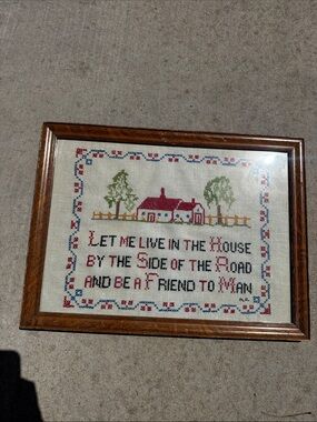 Vintage Needlepoint Sampler Antique Embroidery Hand Stitched Poem Framed